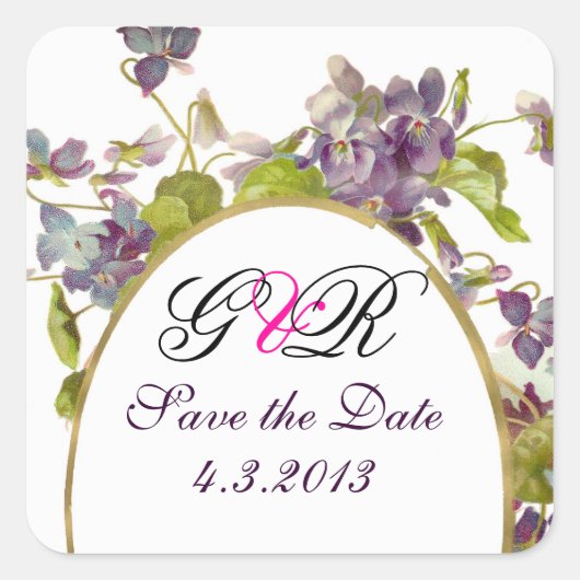 ROMANTİCA MONOGRAM / LILA VIOLETTEN SAVE THE DATE QUADRATISCHER AUFKLEBER (Vorderseite)