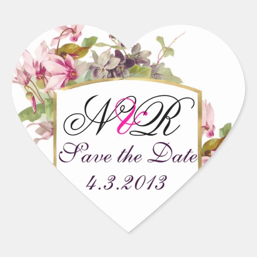 ROMANTİCA MONOGRAM / PINK CYCLAMENS SAVE THE DATE Herz-Aufkleber (Vorderseite)