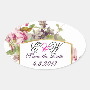 ROMANTİCA MONOGRAM / PINK CYCLAMENS SAVE THE DATE OVALER AUFKLEBER
