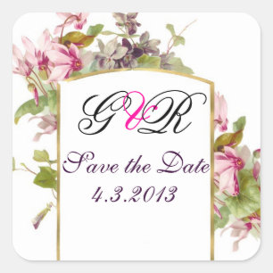 ROMANTİCA MONOGRAM / PINK CYCLAMENS SAVE THE DATE QUADRATISCHER AUFKLEBER