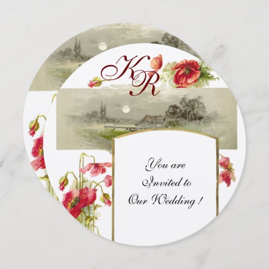 ROMANTİCA MONOGRAM / POPPIEN, rot, grün, Champagne Einladung (Vorne/Hinten)