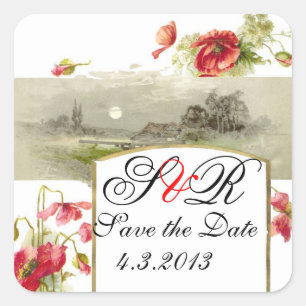 ROMANTİCA MONOGRAM / RED POPPIES SAVE THE DATE QUADRATISCHER AUFKLEBER