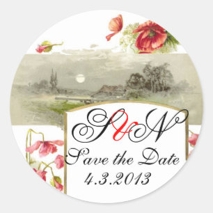 ROMANTİCA MONOGRAM / RED POPPIES SAVE THE DATE RUNDER AUFKLEBER