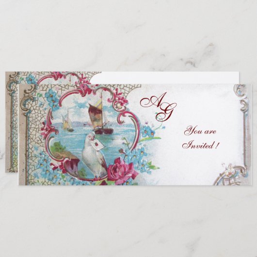 ROMANTICA MONOGRAM, Rot-Blau-Weißer Champagner Einladung (Vorne/Hinten)