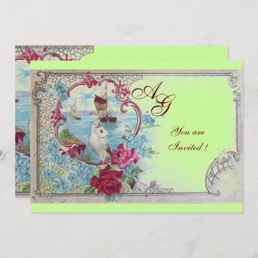 ROMANTICA MONOGRAM, rot-weiß-blau-grün Einladung (Vorne/Hinten)