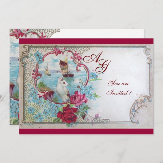 ROMANTICA MONOGRAM, rot-weiß Einladung (Vorne/Hinten)