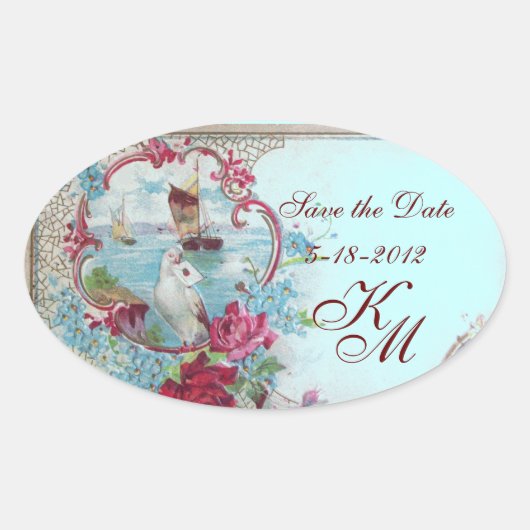 ROMANTICA MONOGRAM, Save the Date, blau Ovaler Aufkleber (Vorderseite)