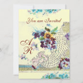 ROMANTİCA Pink Blue Silver Floral Wedgram Monogram Einladung (Vorderseite)