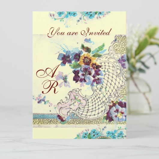 ROMANTİCA Pink Blue Silver Floral Wedgram Monogram Einladung (Stehend Vorderseite)