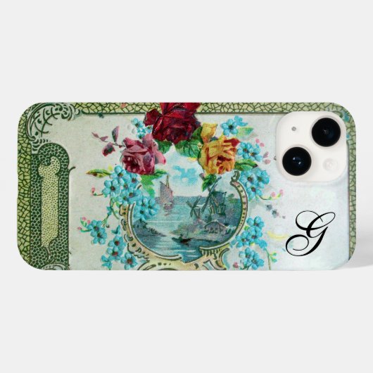 ROMANTICA-Rote Rosen, Seascape Floral Monogramm Case-Mate iPhone Hülle (Rückseite (Horizontal))