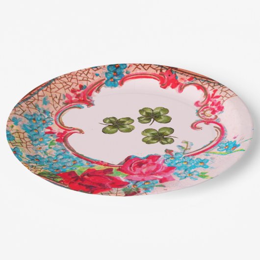 ROMANTICA ,ST.PATRICK'S KLEEBLATTS UND ROSE Blumen Pappteller (Schrägansicht)