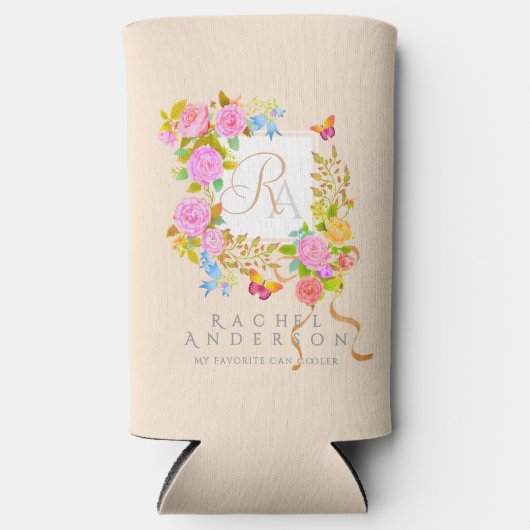 Romantics Blooming Garden Monogram Beige Selters Dosenkühler (Vorderseite)
