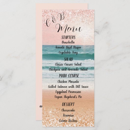 Romantik am Meer: Elegantes Beach Wedding Menu Menükarte (Vorne/Hinten)