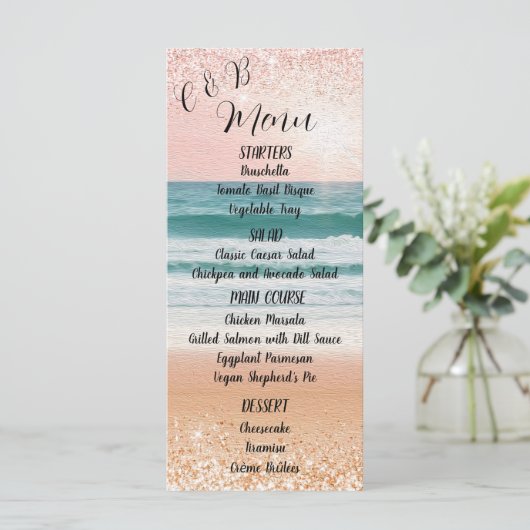 Romantik am Meer: Elegantes Beach Wedding Menu Menükarte (Stehend Vorderseite)