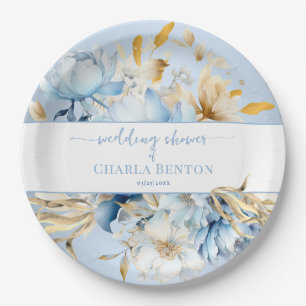 Romantik Blaue Florale Goldene Hochzeits-Party Pappteller
