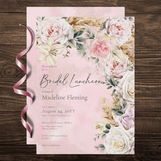 Romantik Boho Pink Roses & Pampas Bridal Luncheon Einladung