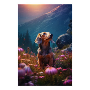 Romantik Dackel erkundet eine Wiese Poster