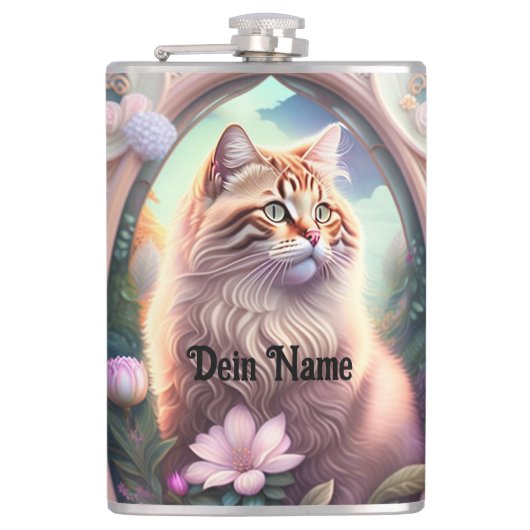 Romantik Katze mit Blumen Flachmann (Vorderseite)