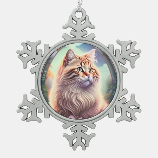 Romantik Katze mit Blumen Schneeflocken Zinn-Ornament (Vorderseite)