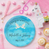 Romantik - zwei Tauben mit rosa Herz auf blau Pappteller (Party)