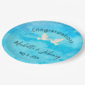 Romantik - zwei Tauben mit rosa Herz auf blau Pappteller (Schrägansicht)