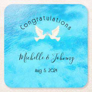 Romantik - zwei Tauben mit rosa Herz auf blau Rechteckiger Pappuntersetzer