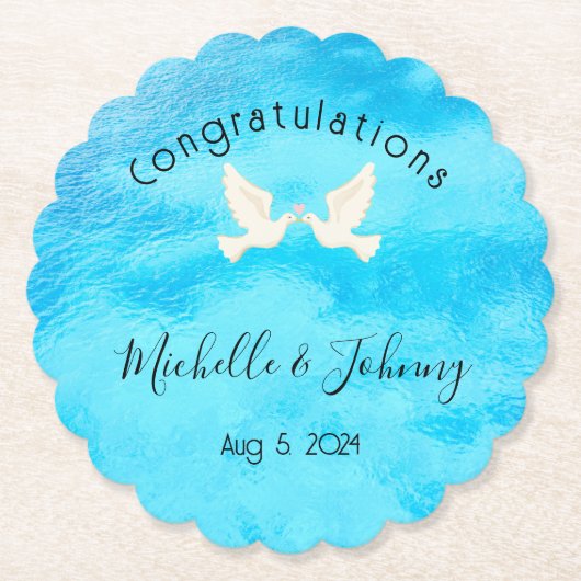 Romantik - zwei Tauben mit rosa Herz auf blau Untersetzer (Vorderseite)