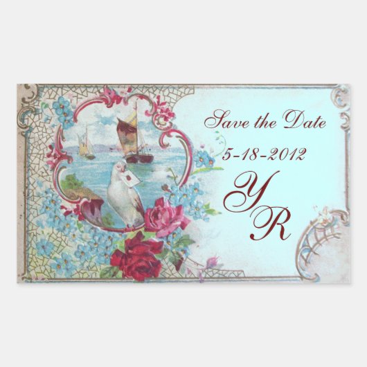 ROMANTIKA MONOGRAM, Save the Date, blau Rechteckiger Aufkleber (Vorderseite)