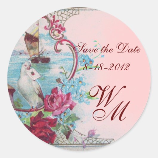 ROMANTIKA MONOGRAM, Save the Date, rosa Runder Aufkleber (Vorderseite)