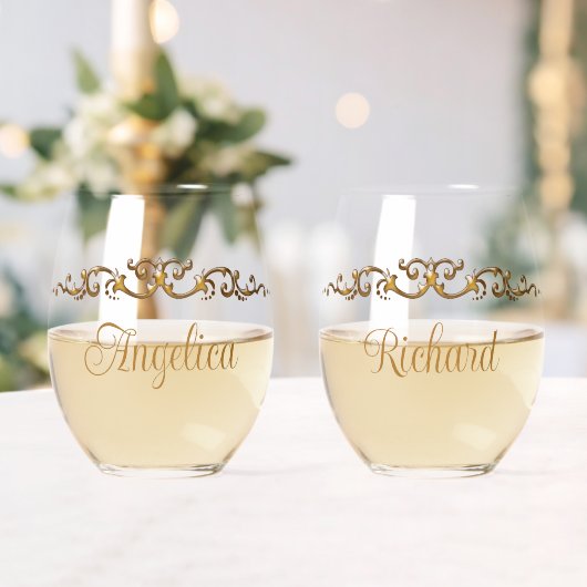 Romantisch, elegant, Whimsical Gold Personalisiert Weinglas Ohne Stiel (Insitu (Hochzeit))