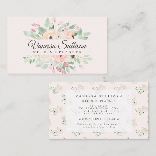 Romantisch erröten Aquarell-BlumenVisitenkarten Visitenkarte (Vorne/Hinten)