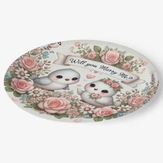 Romantisch "Heiraten Sie mir?" Lovebird Papierplat Pappteller (Schrägansicht)