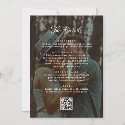 Romantische 2-Foto-Skriptüberlagerung QR-Code Hoch Einladung (Rückseite)