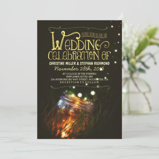 Romantische Abendlichter Masson Jar Hochzeit einla Einladung (Stehend Vorderseite)