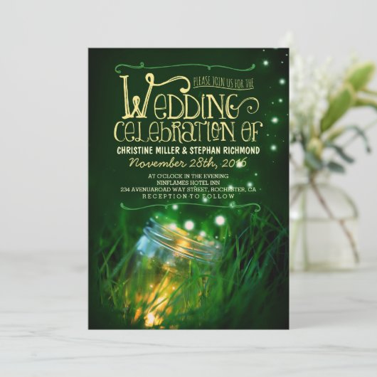 Romantische Abendlichter Masson Jar Hochzeit einla Einladung (Stehend Vorderseite)