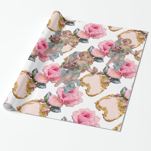 ROMANTISCHE ANGEL ANSAMMLUNG PINK ROSES GESCHENKPAPIER (Ungerollt)