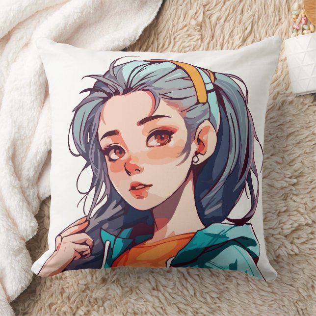 Romantische Anime-Girl mit farbenfroher Lichthaar Kissen (Decke)