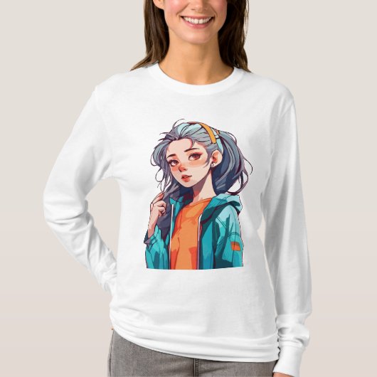 Romantische Anime-Girl mit farbenfroher Lichthaar T-Shirt (Vorderseite)