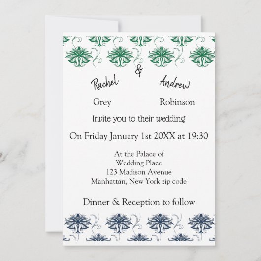 Romantische antike Hochzeit Einladung grün blau (Rückseite)