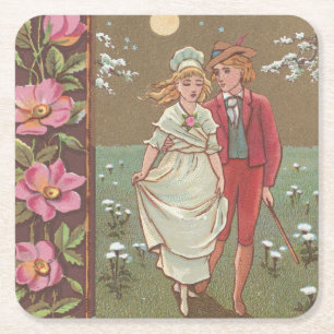 Romantische antike Valentinstagskarte, 1876 Rechteckiger Pappuntersetzer