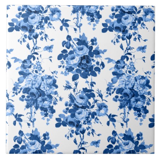 Romantische antike Vintage-Rosen-Blau auf Weiß Fliese (Vorderseite)