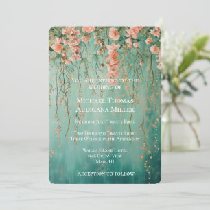 Romantische Aquamarin Blush-Blume Hochzeit Einladung