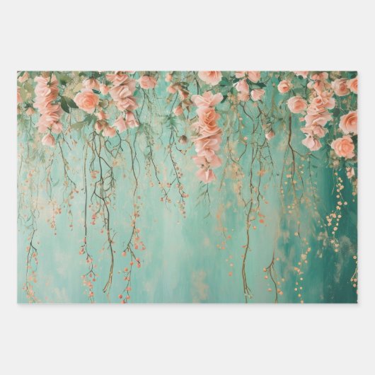 Romantische Aquamarin Blush-Blume Hochzeit Geschenkpapier Set (Vorderseite)