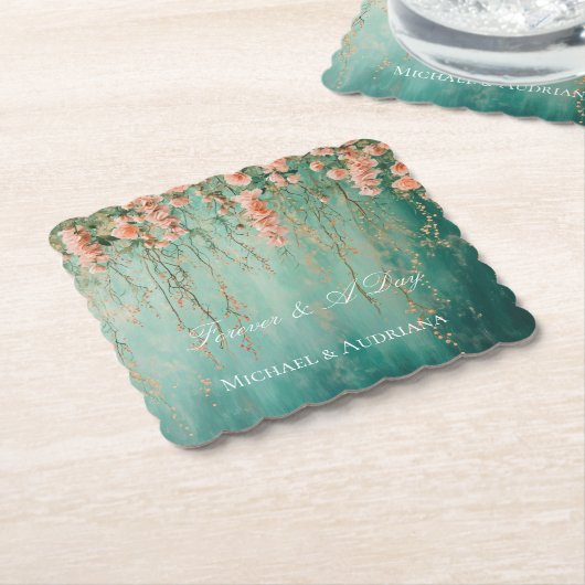 Romantische Aquamarin Blush Peach Blume Hochzeit Untersetzer (angewinkelt)