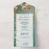 Romantische Aquamarin Blush Peach Rose Blumenzehen All In One Einladung (Innen Boden)