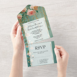 Romantische Aquamarin Blush Peach Rose Blumenzehen All In One Einladung