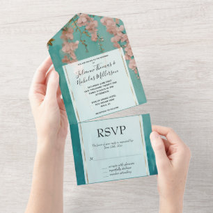 Romantische Aquamarin Blush Pink Blume Hochzeit All In One Einladung