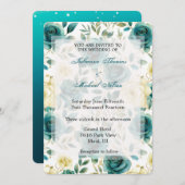 Romantische Aquamarine Creme-Rose Blumenhochzeit Einladung (Vorne/Hinten)