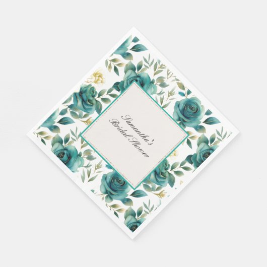 Romantische Aquamarine Creme Rose Brautparty Serviette (Ecke)