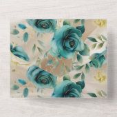 Romantische Aquamarine Grün-Champagner-Rose Blumen All In One Einladung (Rückseite)